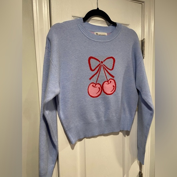 NWT No Boundaries Size M Blue Crew Neck Long Sleeve Soft Sweater Cherries Bow - Picture 3 of 11